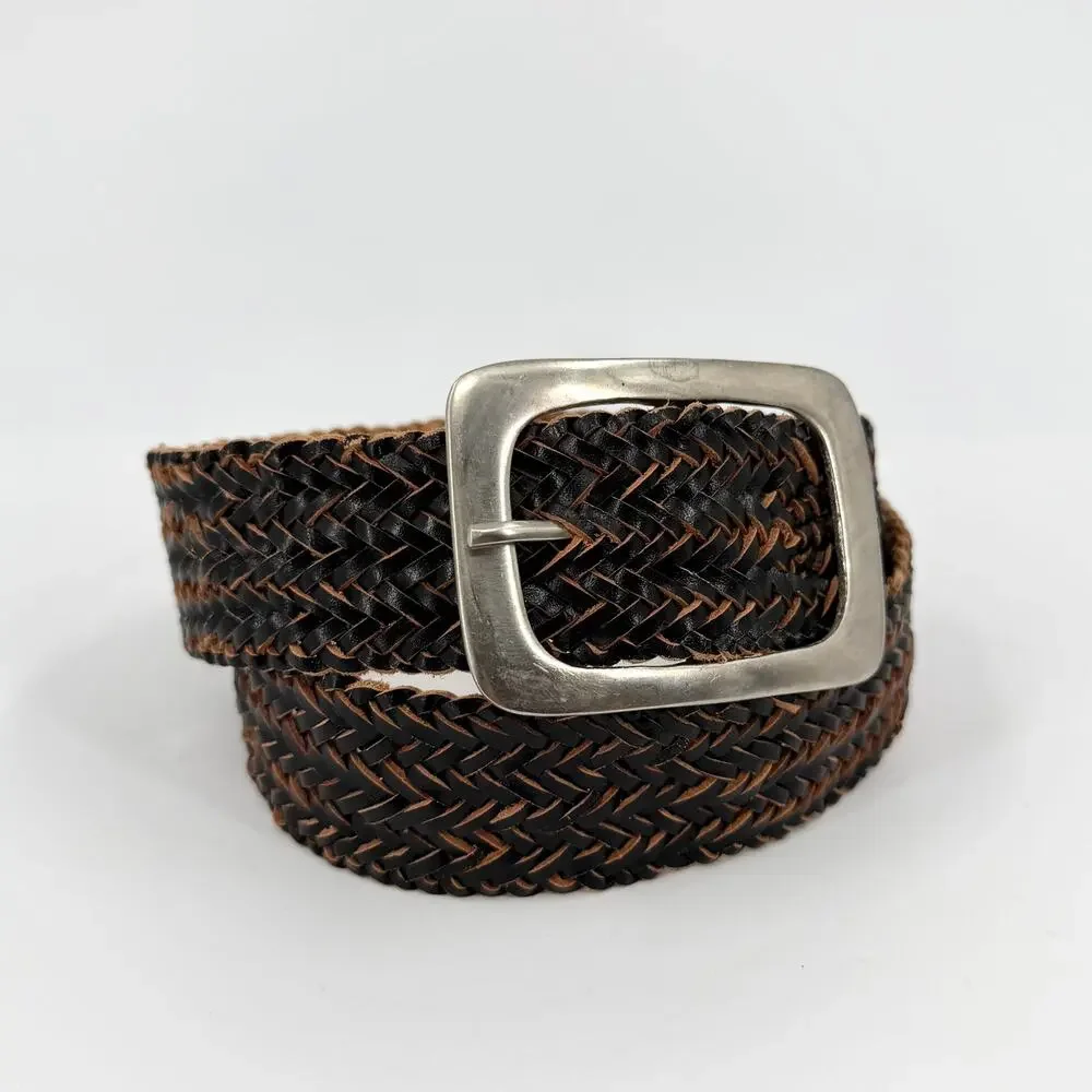 Vintage 90s Black Tan Genuine Leather Boho Western Woven Braided Belt
